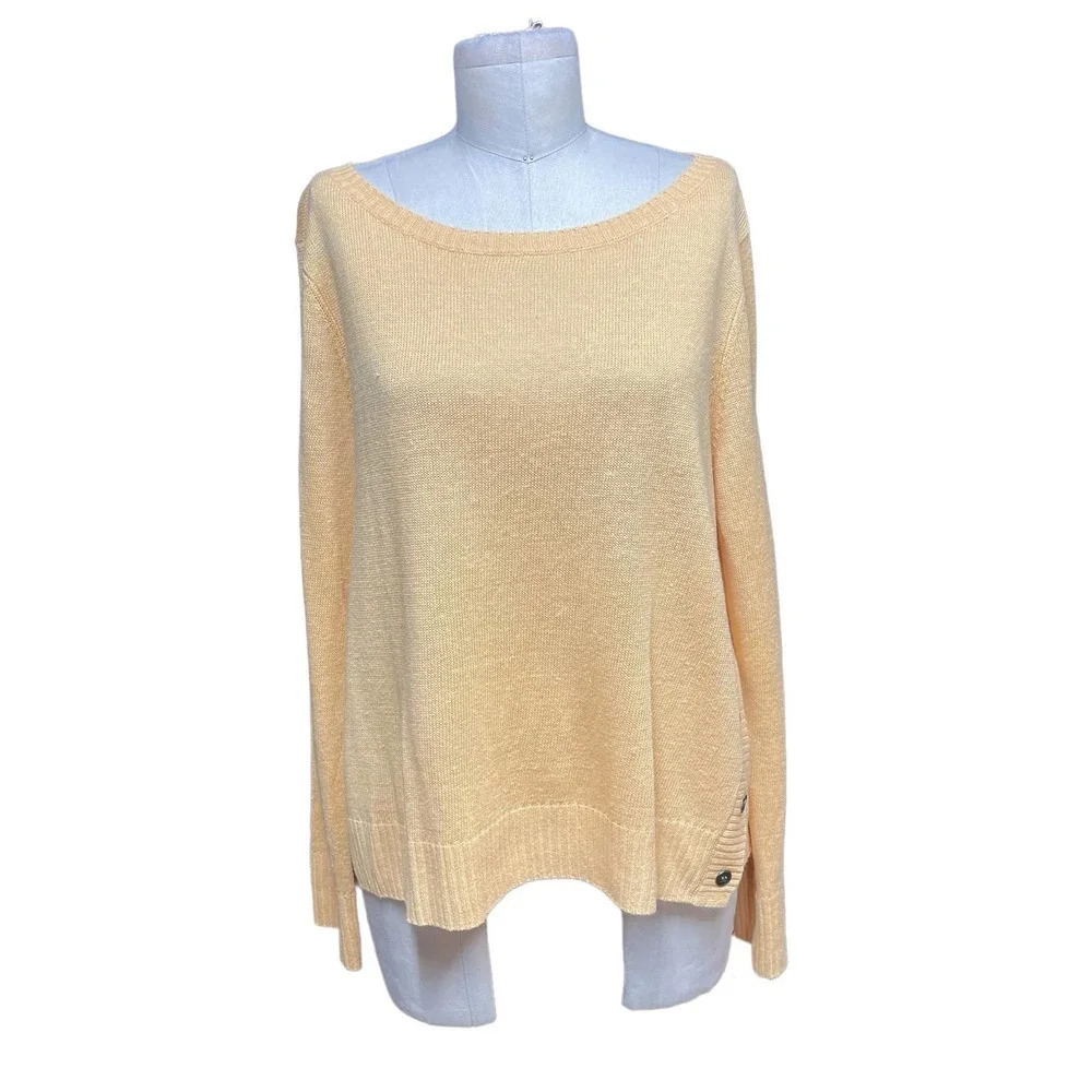 Eileen Fisher Orange Yellow Knit Organic Linen Side Button Sweater Size Medium